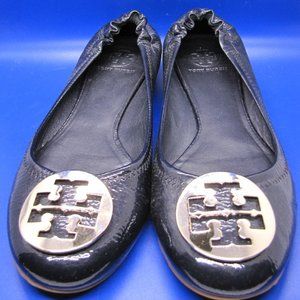 Tory Burch Reva Navy Blue Patent Leather with Gold Medallion Flats 10M EUC